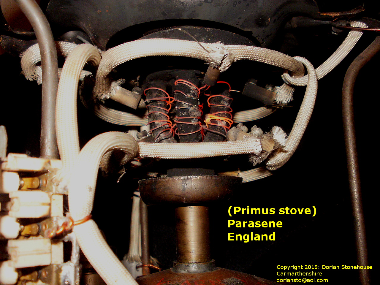 The Primus (Parasene) stove with electrical heating element alight