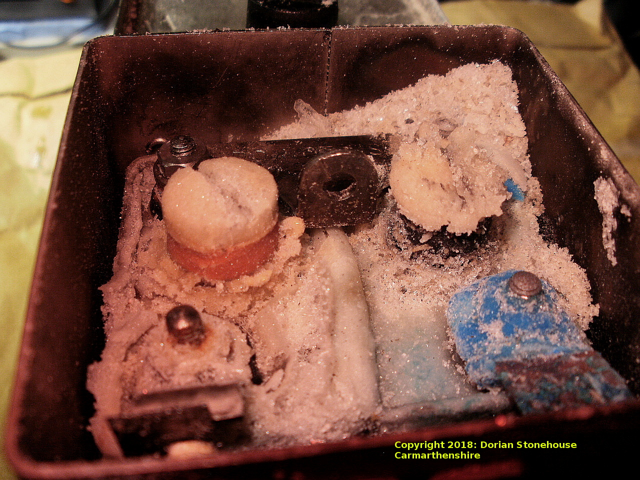 The NIFE battery was covered in crystals of potassium hydroxide