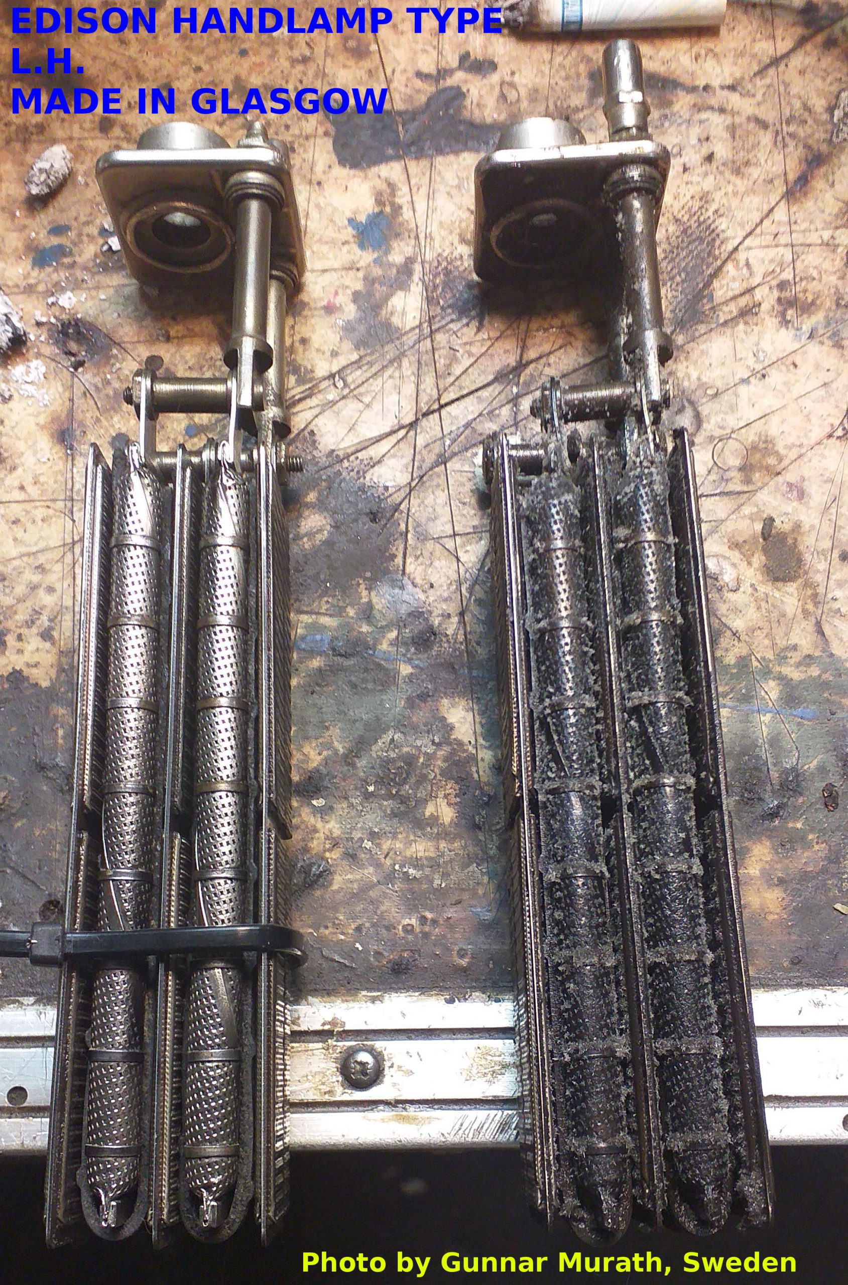 The iron negative plates are shown bare, while the rubber containers, which used to carry electrolyte, have been removed